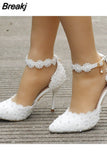 Shoes Bride White Wedding Shoes Female High Heels Ankle Strap Pumps Women's Shoes Rhinestone Lace High Heels Party