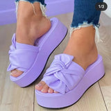 Solid Color Muffin Sandals, Bow Tie, Slippers, Women Wear Beach Slippers With Thick
