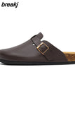 2023 New Buckle Closed Toe Cork Slipper Casual Women Solid Color Beach Outside Non-slip PU Leather