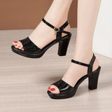Heels, Thick Heels, Women's Summer 2023 New Large Sizes 40-43, There Are Still Hundreds Of Lacquered Leather Open-Toed High-Heeled