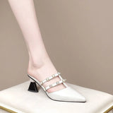 Leather Pointed Rhinestone String Bead Women Slippers Fashion Breathable Comfort High Heels Baotou Wearable