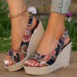 Style Print Wedge Sandals for Women Peep Toe Chunky Platform Shoes Woman Summer Thick Bottom Gladiator Sandalias