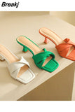 Heels Slippers Women Summer Shoes Slides Low Fashion Heeled Mules Pantofle Luxury High 2023 Basic Retro Fabric Rubber