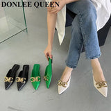 Spring Mule Slipper Women Flat Slide Brand Metal Buckle Slip on Casual Flip Flop Pointed Toe Crossover Sandal Big Size