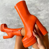Sexy Chunky High Heels Ankle Shoes For Women Punk Style Zipper Thick Platform Elasticity Microfiber Boots Sapatos