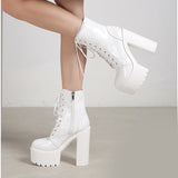 Boots Round Toe Block High Heel 14cm Platform Zipper Lace Up Plus Size 35-43 Party Booty Solid Platform Boots Ladies
