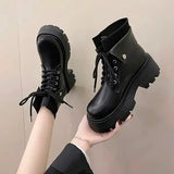 Boots Rock Shoes Woman Boots-Women Flat Heel Luxury Designer Round Toe Lace Up Winter Footwear 2023 Ankle Med Lolita