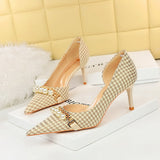 Breakj Korean Version With High Heel Shallow Mouth Pointed Head Side Hollow Cloth Plaid Grain Pearl Metal Chain Thousand Bird Case Single
