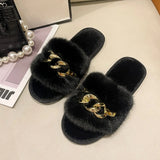 Chain Design Women Home Slippers Solid Color Open Toe Indoor Winter Flat Non-slip Leisure Interior Female Shoes