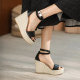 Summer New Luxury Women's Sandals Fashion and Comfortable Leather Straw Thick Bottom Super High Heel Wedge Heel