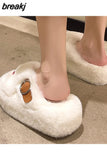 Winter Women Platform High Heel Fluffy Slipper Casual Fashion Metal Buckle Wedge Artificial Plush Inside Soft Slides