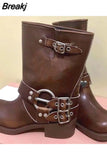 High Heels Women Mid Calf Boots 2023 Hot Punk Gothic Knee High Motorcycles Boots Buckle Comfy Walking Boots Autumn