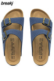 2023 New Summer Men Cork Slipper Casual Beach Double Buckle Non-slip Outside Nubuck Leather Slip on Slides
