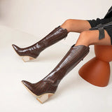 Knee High Boots Women 2022 Winter Short Plush Thick High Heel PU Leather Female Long Western Boot Shoes Big Size 45