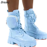 Women New Pocket Boots Lace Up Ladies Anklef Female Buckle Strap Black Booties Chunky Platform Rubber Colored Sole Shoes