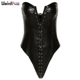 Puss Sexy Y2K Women Faux Leather Bodysuits Hollow Out Drawstring Bandage Slim Backless Fashion Solid Black Party