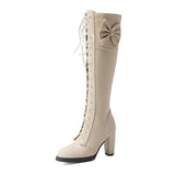 2022 Autumn Winter Women Knee-High Motorcycle Boots Thick Heel Platform Bow-knot Female Wedding Boots Plus Size 48