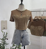Real Shooting 2024 Summer Denim Splicing Mesh Yarn Short-Sleeved T-Shirt Design Fake Two Hot Girl Short Top