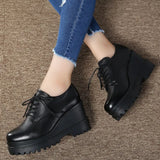 Autumn Fashion Women Genuine Leather Casual Lace-up Platform Wedges Pumps Lady Black With Heels Fall