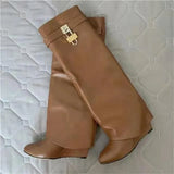 Buckle Women High Knee Boots Large Size High Heels Designer Shoes British Style Denim Wedges Knight Boots For Women