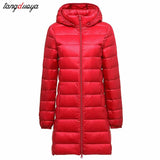 Women Plus Size Down Jackets Long Ultra Light Thin Casual Coat Slim Remove Hooded Parka Fashion Jacket Autumn