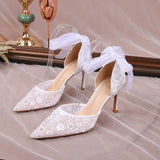Woman Shoe Summer High Heels Navy Blue Pumps Lace-Up Hollow 2023 Sweet Pointed Wedge Burgundy Beige Orange Bridal Low