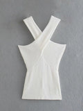 Women Fashion Solid Cropped Knitted Tops Female Casual Cross V-Neck Out Shoulder Chic