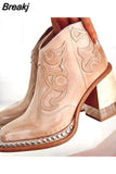 Leather Women Ankle Boots Low Heel Cool Shoes British Embroidered Design Short Party Footwear Chaussure