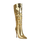 Women Stiletto Pleated Boots Knee High Gold Silver Blue Mirror Boots Sexy Pointed High Heels Pleaser Shoes Carnival