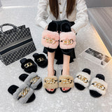 For Women Casual Outdoor Slippers Plush Shoes Fashion Flat-bottomed Rhinestone Plush Slippers Women Size 43 Flat