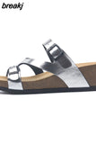 Fashion Women Wedge Cork Slipper 2023 New Summer Beach Outside Buckle Trifle Platform Med Heel Slide