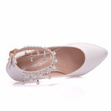 Queen Women Shoes Wedge High Heels Pointed Toe Office Wedding Party Spring Autumn White Bridal Pumps Pearl Diamond