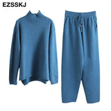 Pieces Set Women Knitted Tracksuit Turtleneck Sweater + Carrot Jogging Pants Pullover 2021 Sweater Set CHIC Knitted