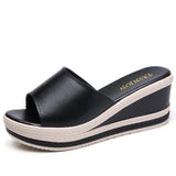 leather Summer women slippers Open Toe flip flops sandals Women Wedges Slippers black white slides