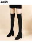 Suede Female Heels Autumn Zipper Elastic Knee-high Boots for Women Tube Lace-up Thigh Gigh Boots Black Botas Mujer