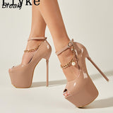 New Fashion Chain Ankle Strap Women High Heels Pole Dance Shoes Cozy PU Leather Peep Toe Stiletto Platform Pumps
