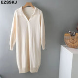 Autumn Winter warm chic polo callor midi straight sweater Dress Women Casual oversize Sweater Dresses maix THICK