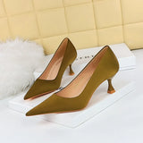 Breakj Korean Version Of Spring And Autumn Fashion Simple Versatile High-Heeled Shoes Wine Glass With High Heel Shallow Pointed Silk Satin Single