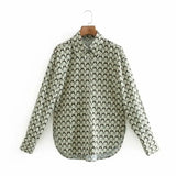 Women Geometric Printing Side Slit Shirts Female Long Sleeve Blouses Casual Lady Loose Tops Blusas