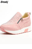 New Women Wedges Shiny Rhinestone Sneakers Spring Autumn Platform Height Increased Zipper Casual Ladies Vulcanized
