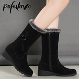 Women's Winter Fur Boots Plush Warm Thickened Black Grey Ankle Boots Non Slip Leather Boots Thigh High