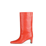 Orange Square Toe Woman Boots Crocodile Print Square Heel Leather Outdoor Shoes Spring Autumn Knee-length Boots