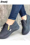 New Women Autumn Solid Color Pu Leather Sport Sneakers Wedges Lace-Up Platform Vulcanized Shoes Casual Ladies Walking