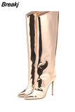 Women's High Boots Gold Silver Pointed Toe Knee-high Boots For Woman Sexy High Heels Party Shoes Ladies Stiletto