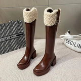 Knee High Brown Long Boots Comfort Square Heel Zip Belt Buckle Platform Boots for Women Plush Edge Warm Gothic