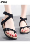 2023 New Summer Women Cork Sandals Gladiator Beach Buckle Strap Solid Casual Outside Sandalias