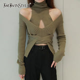 Sexy Solid Knitting Women's Sweater Turtleneck Long Sleeve Cut Out Slim Casual Sweaters Female Autumn 2021