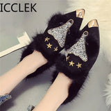 Flats Women Fox Faux Fur Espadrilles Beading Mules Ladies Warm Winter Pointed Toe Shoes Plush