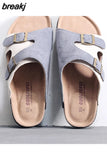 Fashion Men Beach Cork Slippers Summer Buckle Cow Suede Non-slip Outside EVA Slide