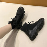 Boots Women Autumn New Knitted Elastic Short Ankle Boots Platform Lace Up Casual Outdoor Sports Short Botines Black